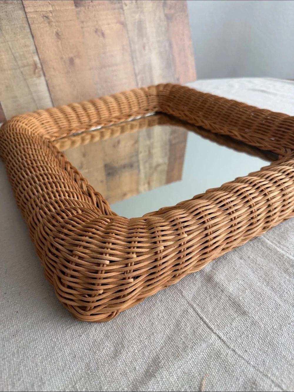 Vintage Rectangular Wicker Rattan Wall Mirror Honey Color